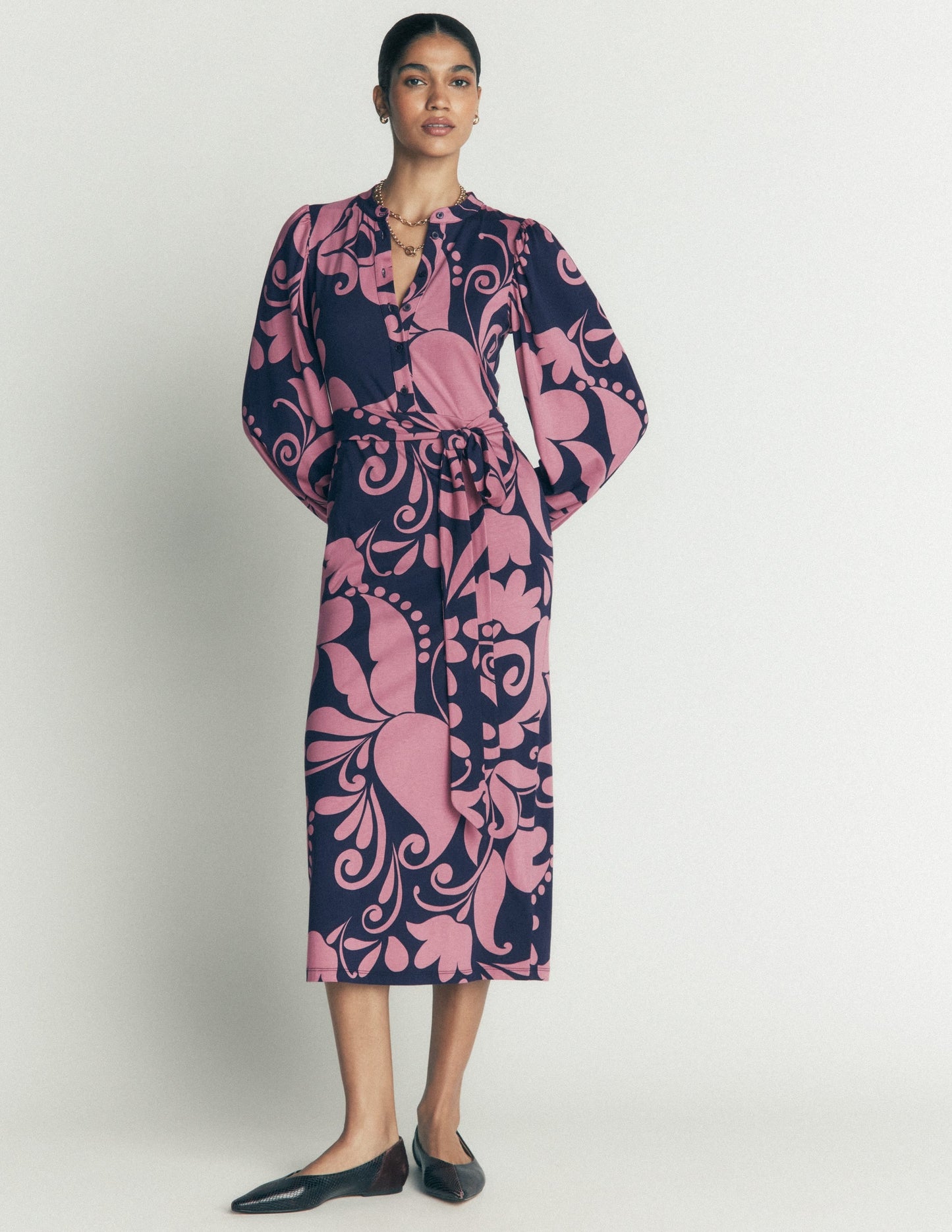 Eli Belted Jersey Midi Dress-Pink Heather, Floral Breeze