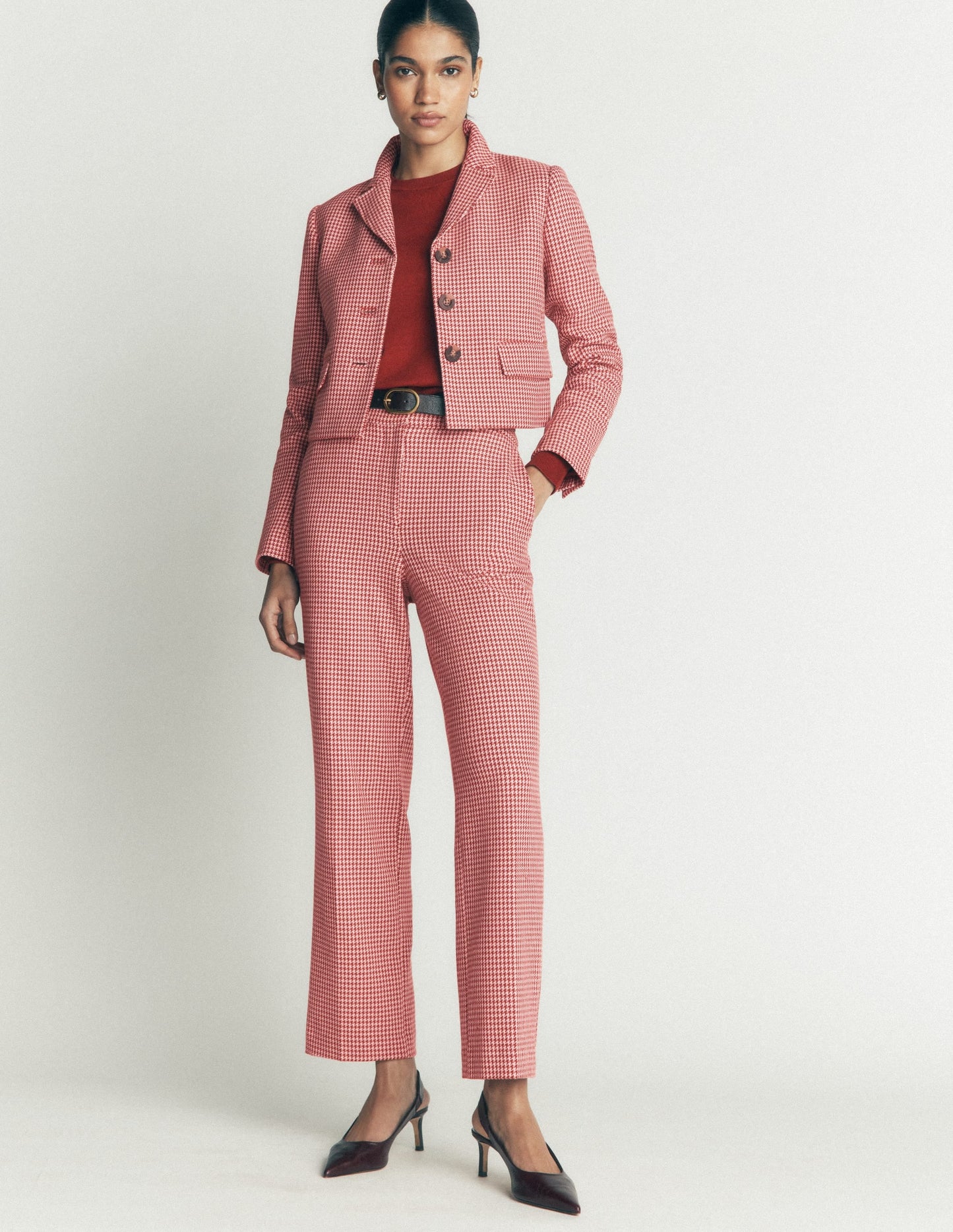 Canonbury Cotton 7/8 Trousers-Pink, Brown Puppytooth