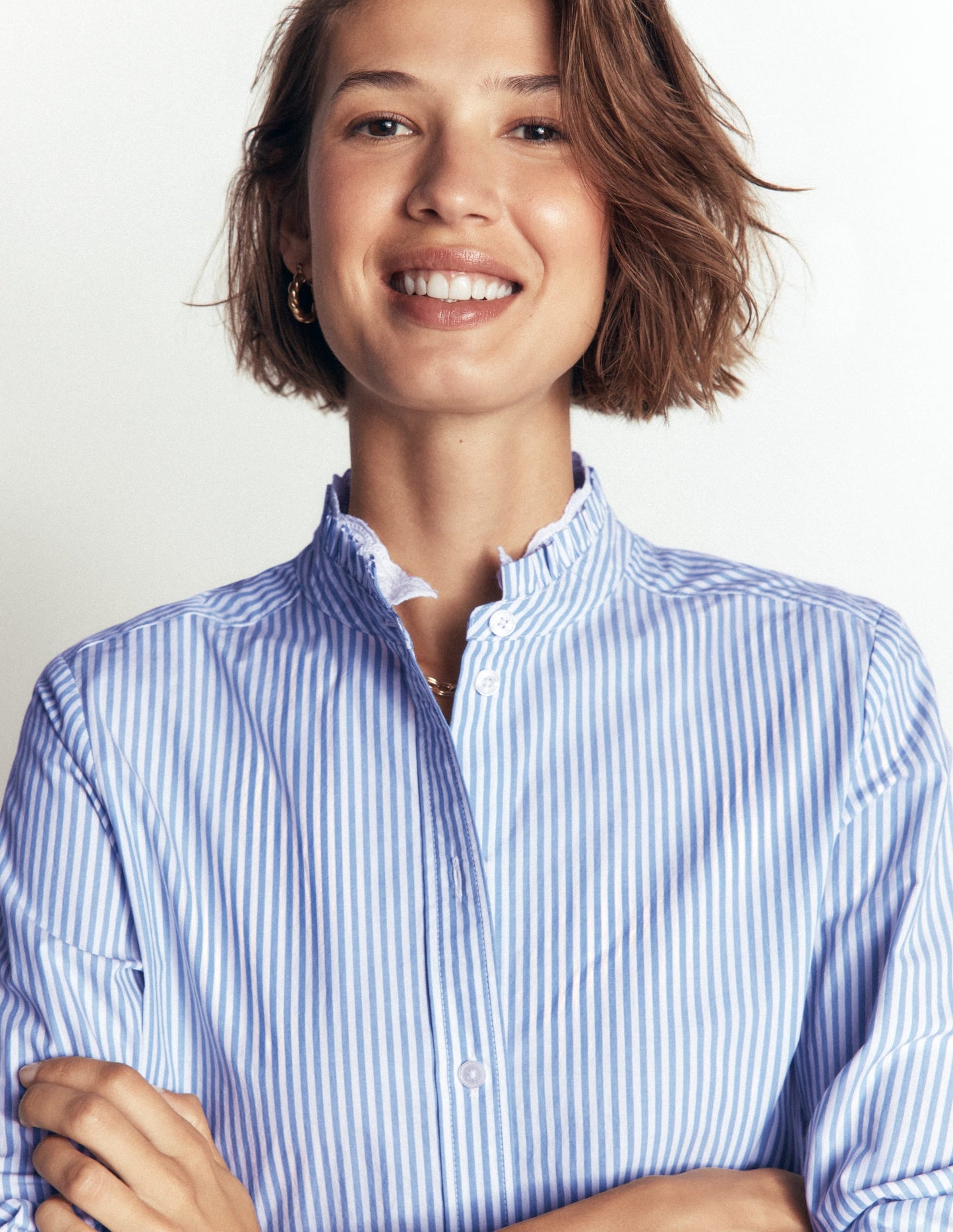 Sienna Frill Cotton Shirt-Forget Me Not, Ivory Stripe