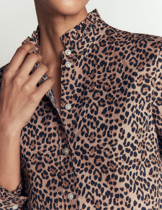 Sienna Frill Cotton Shirt-Demerara, Brushed Animal