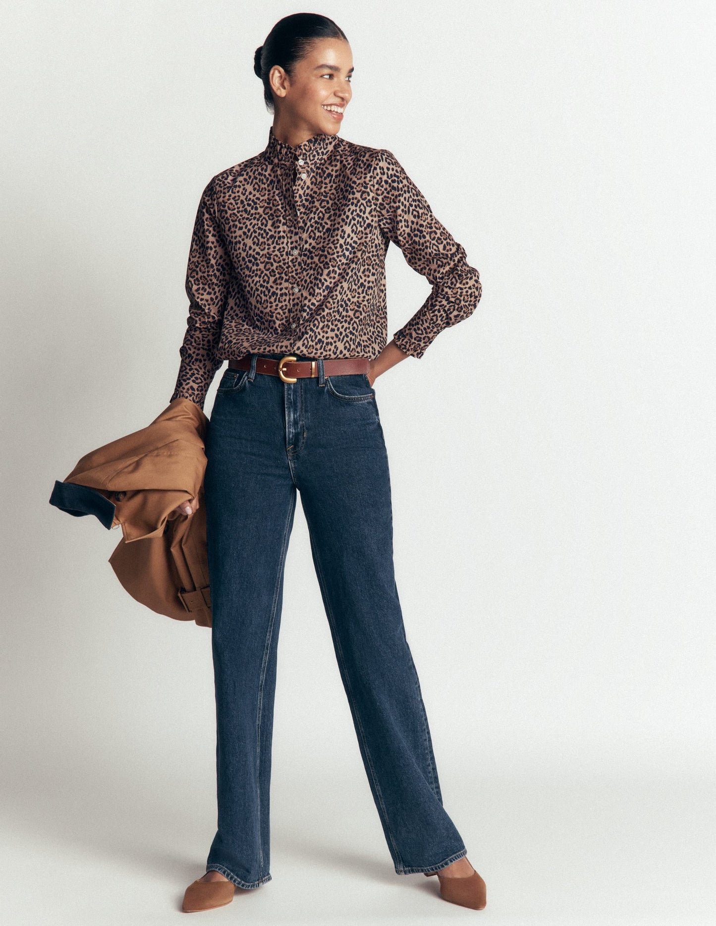 Sienna Frill Cotton Shirt-Demerara, Brushed Animal