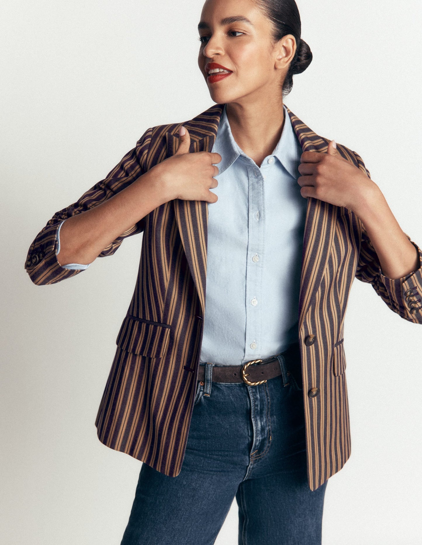 Stamford Tailored Blazer-Navy, Camel Tram Stripe