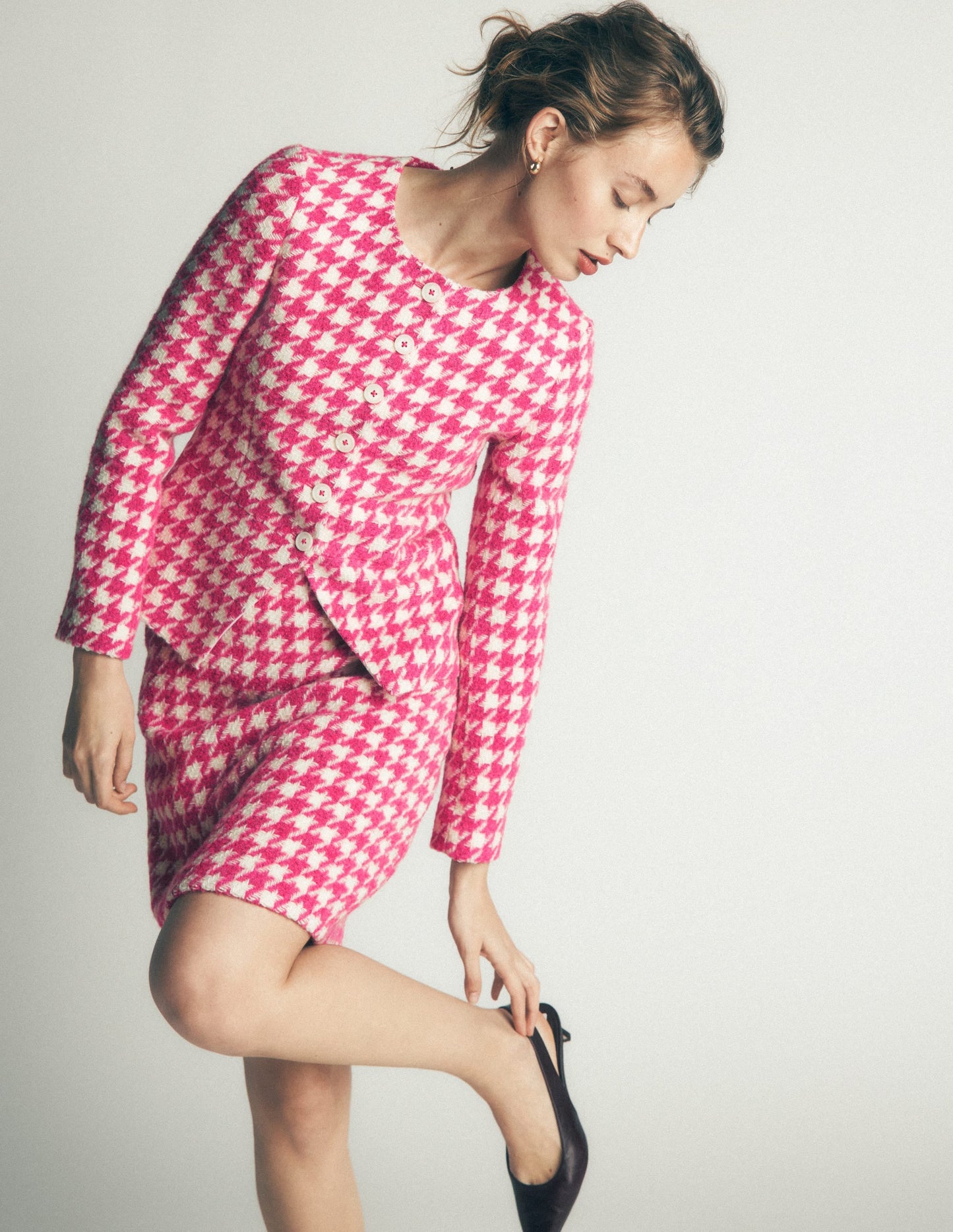 Collarless Wool Blend Blazer-Pink Dogstooth
